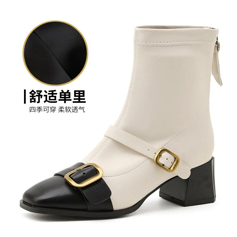 

2024 new retro belt square buckle short boots color matching square head thick heel rear zipper boots ins wind middle heel women s boots 39