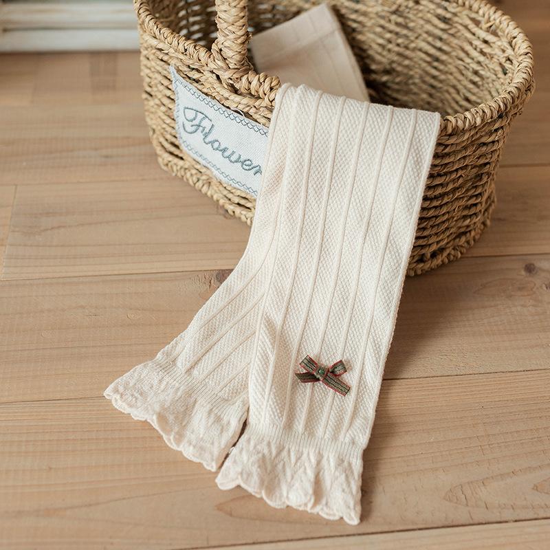 

2024 Весна/Лето Новые детские колготки, гребенной хлопок для девочек, кромка в виде листьев лотоса, нижняя часть с бантом Nine Point, носки Nine Point XL/8-12years old