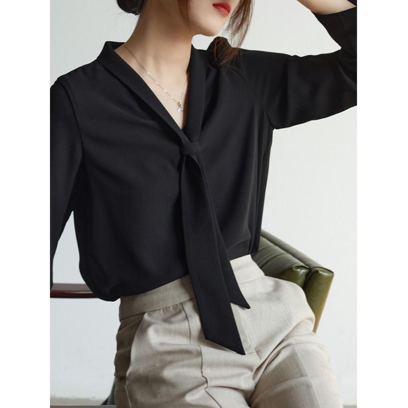 2025 Spring/Autumn Women's Chiffon Blouse: Elegant White Shirt with Flowing Ribbon for Professional and Interview Wear