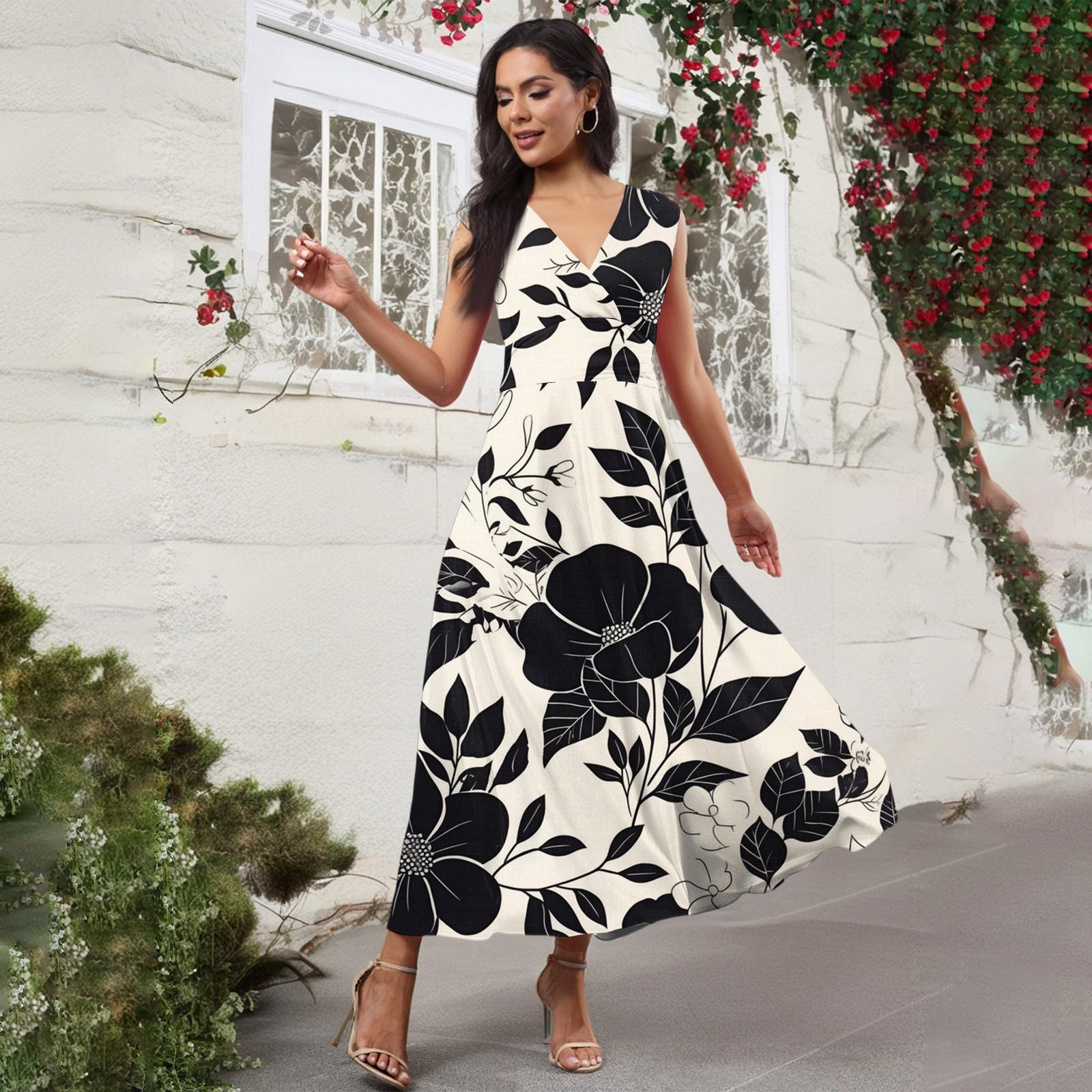 

Жіноча повсякденна та модна сукня без рукавів з V-подібним вирізом і квітковим принтом Сукня без рукавів L чорний