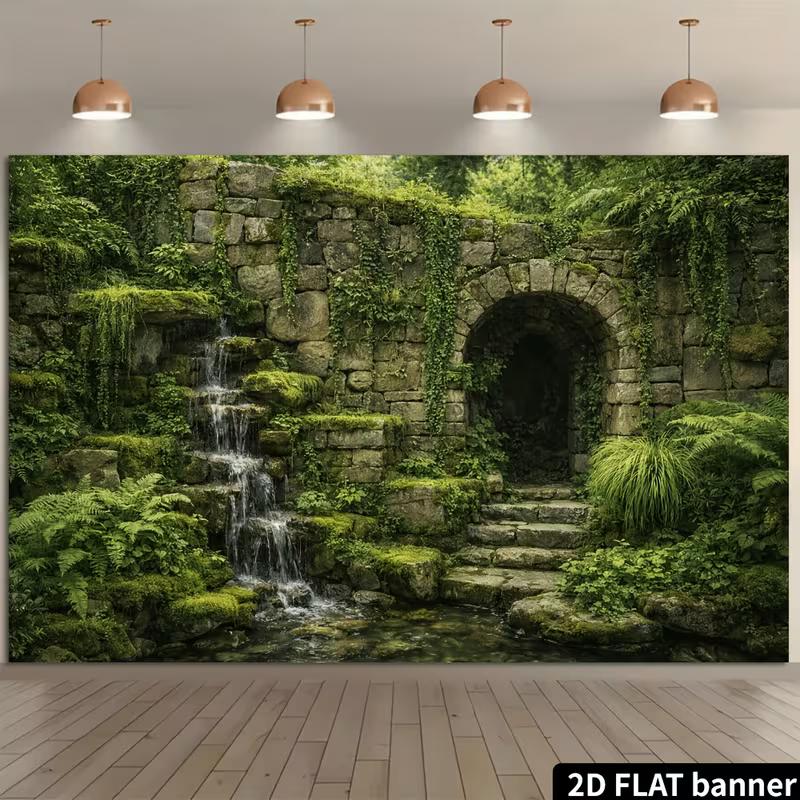 Overgrown Garden Banner with Mossy Arches and Clear Pool Photo Booth Background Cloth