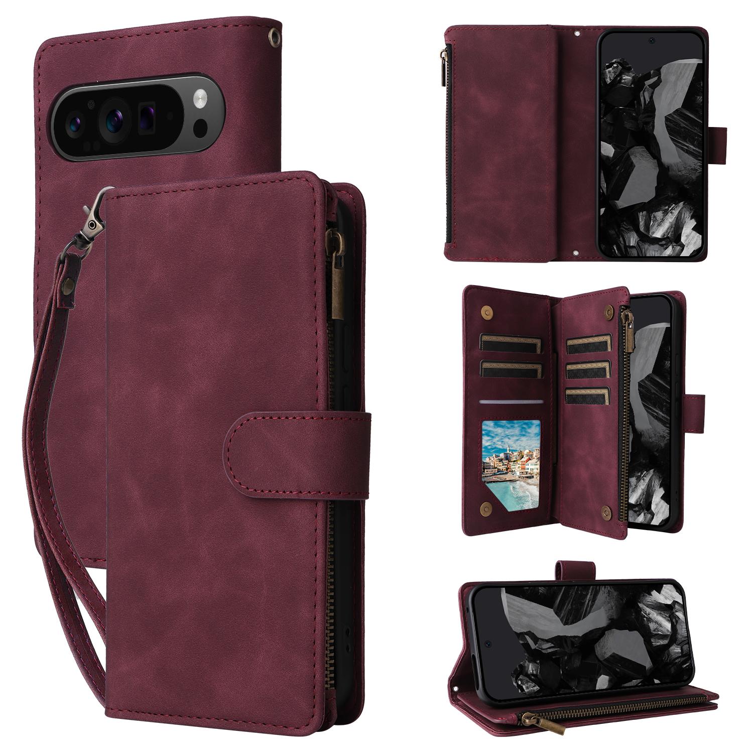 

For Google Pixel 10 Pro XL/9 Pro XL Case Zipper Wallet Multiple Card Slots Leather Phone Cover with Wrist Strap Wine Red
