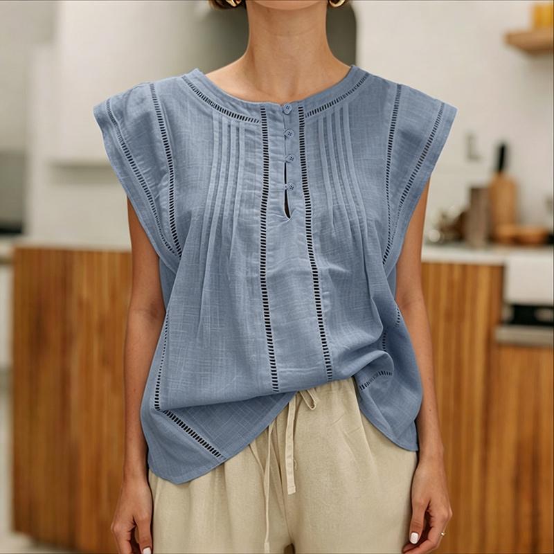 ZANZEA Blouse décontractée pour femme à col rond et manches courtes d'été de couleur unie