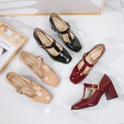 Square Head Mary Jane Women's Shoes New Black Shoes Thick Heel Single Shoes Femininity T-belt Retro High Heels