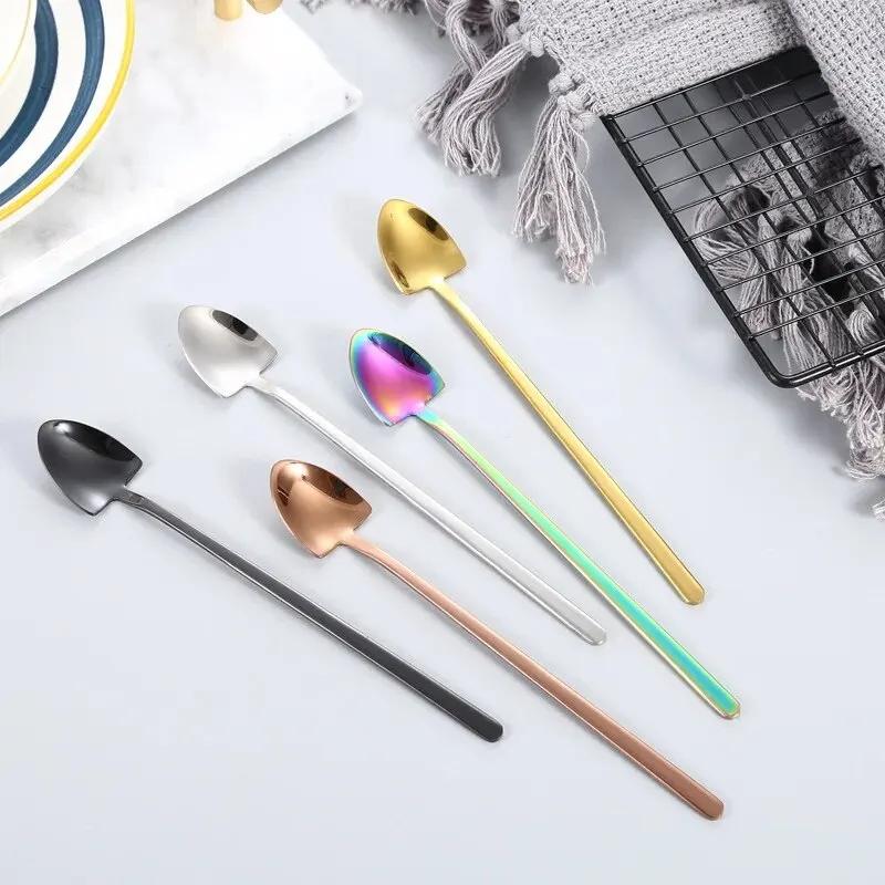 2pcs/set 304 Stainless Steel Long Handled Spoon Household Shovel Shaped Dessert Spoon Coffee Mixing Spoon