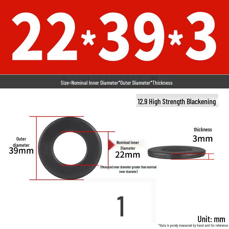 High-Strength Class 12.9 Flat Washer - Thickened & Widened, Sizes M6-M42