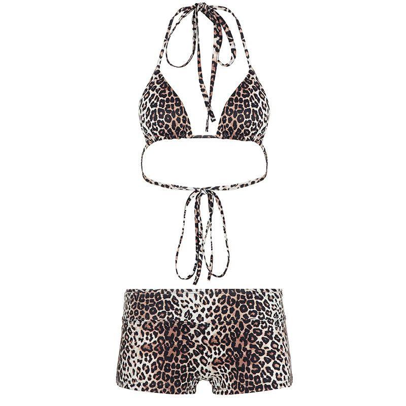 

American-Style Sexy Leopard Print Bikini Swimsuit Set with Basic Halter Neck and Casual Sports Shorts for Women Brown S