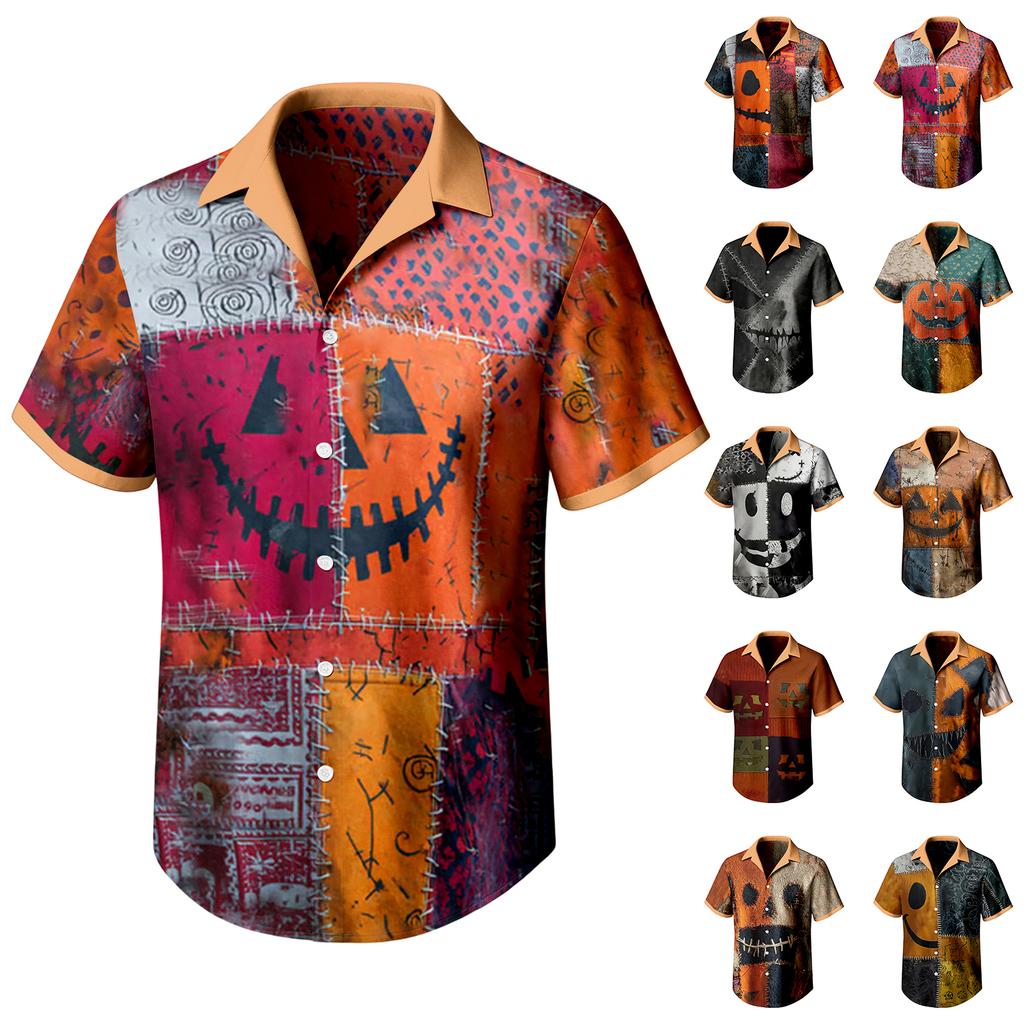 Men's Casual Short Sleeve Shirt with Halloween Print for Parties and Everyday Wear
