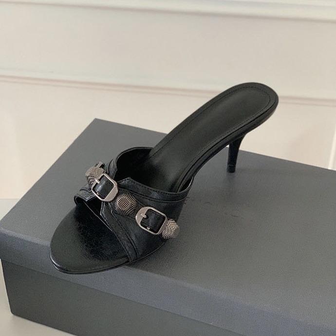 OMG! Look Good! Retro Black Rivet Buckle High Heels Women's Casual Versatile Stiletto One-word Slippers