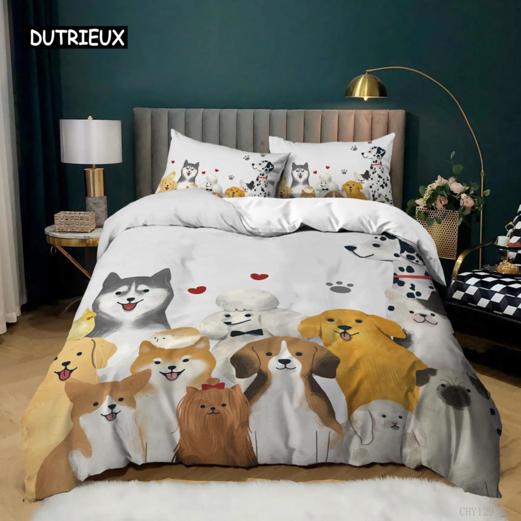 Cartoon Dog Duvet Cover Set Golden Retriever Teddy Bedding Set For Dog Lover Girl Boy Soft Polyester Queen King Size Quilt Cover