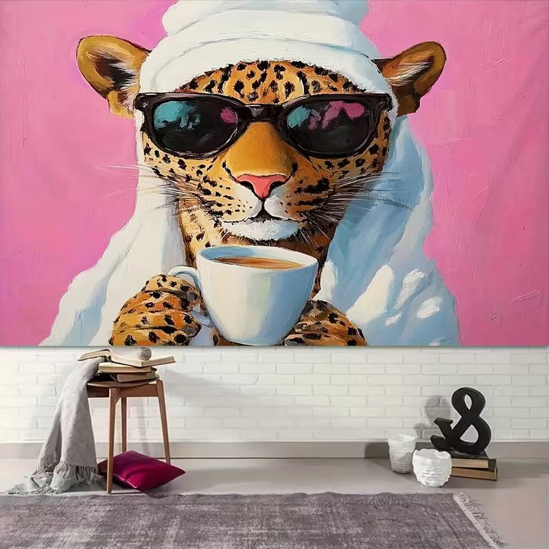 2D Leopard with Sunglasses & Coffee Backdrop for Bedroom Decor and Girly Party