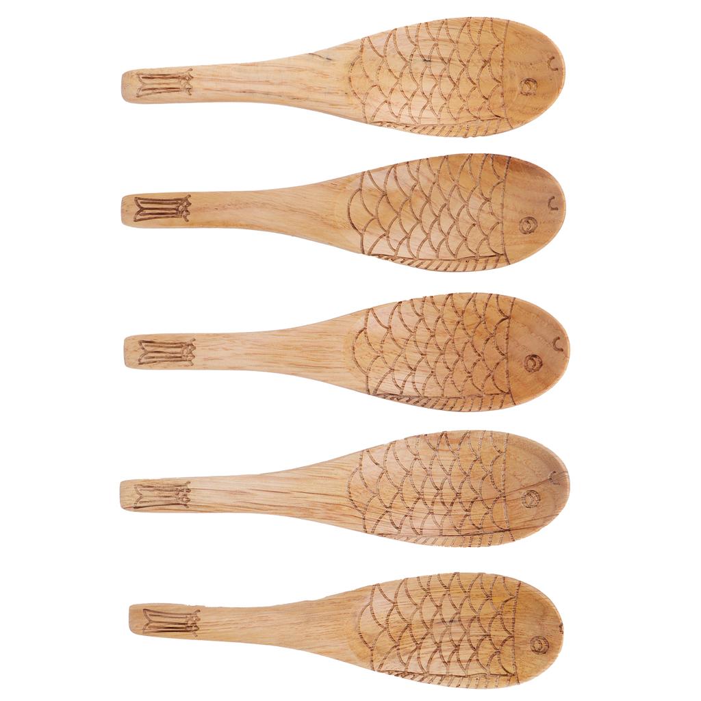 5Pcs Wood Rice Spoon Innovative FishShaped Carving Soup Ladle Tableware Kitchen Utensil