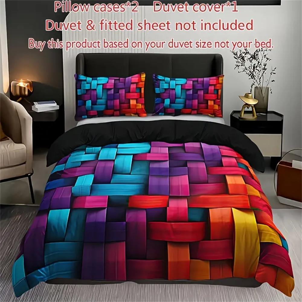 Set 3 piese cu culori vibrante și model geometric pentru husă de plapumă - Lenjerie de pat moale, respirabilă, cu imprimare HD, cu 1 husă de plapumă și 2 fețe de pernă