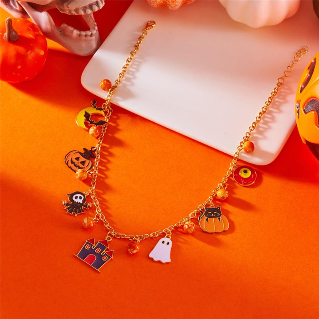 Halloween Enamel Pendant Necklace18K Gold Plated Chain W/ Pumpkin Ghost Bat Charms Adjustable 37cm+5cm Party Costume Jewelry Gif