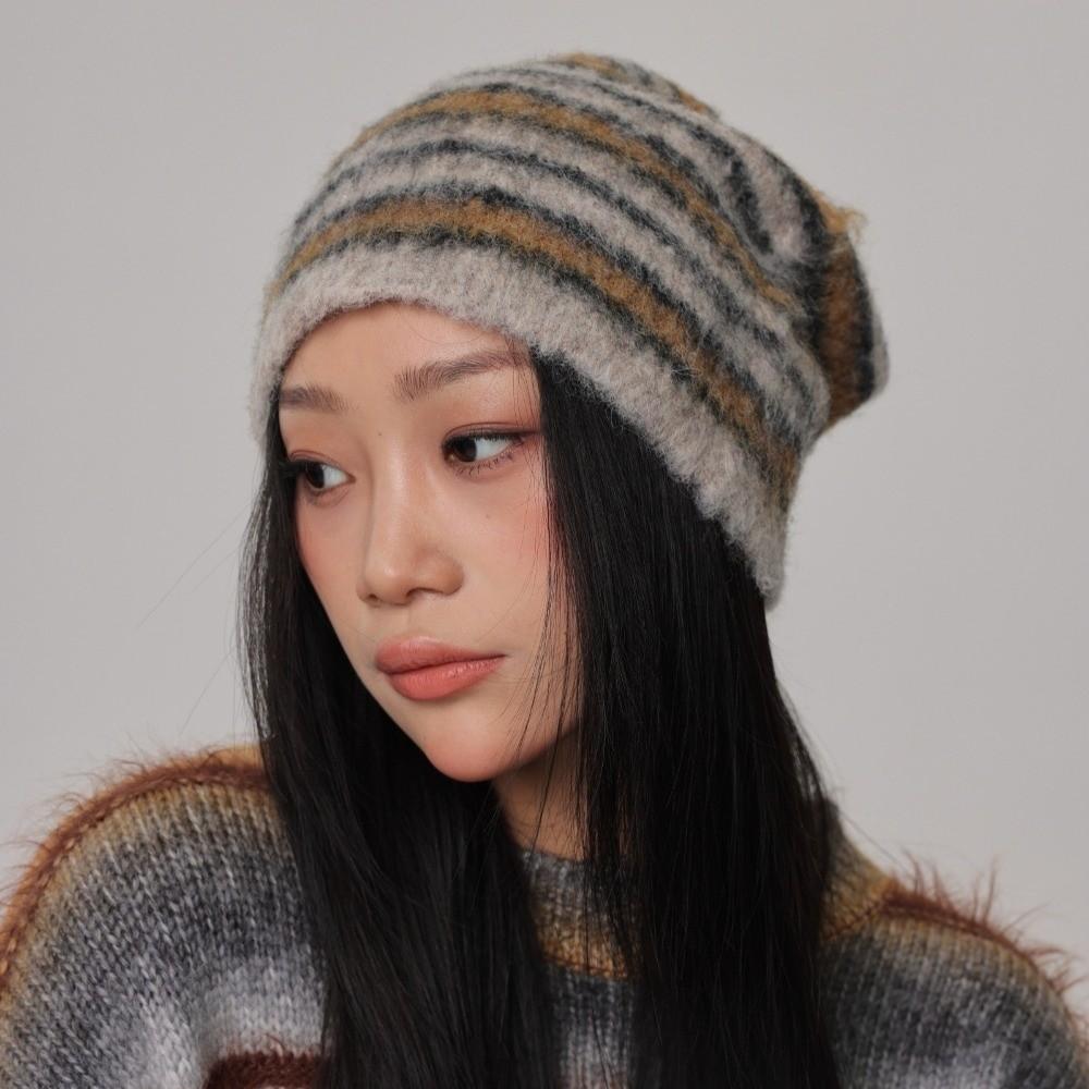 Plush Warm Skullies Hat Striped Ski Ear Protection Cap Unisex Knitted Beanies