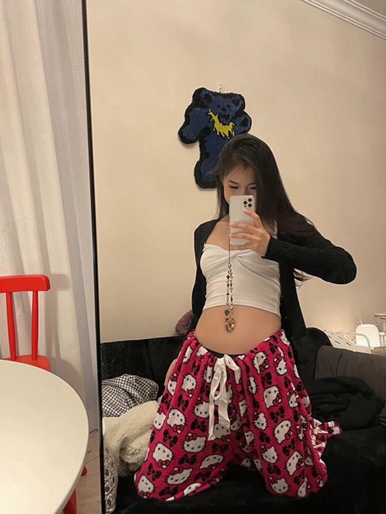 2023 Summer Cartoon Print Wide-Leg Women's Pants – Loose, Versatile BF Style with Elastic Waist for Casual Wear