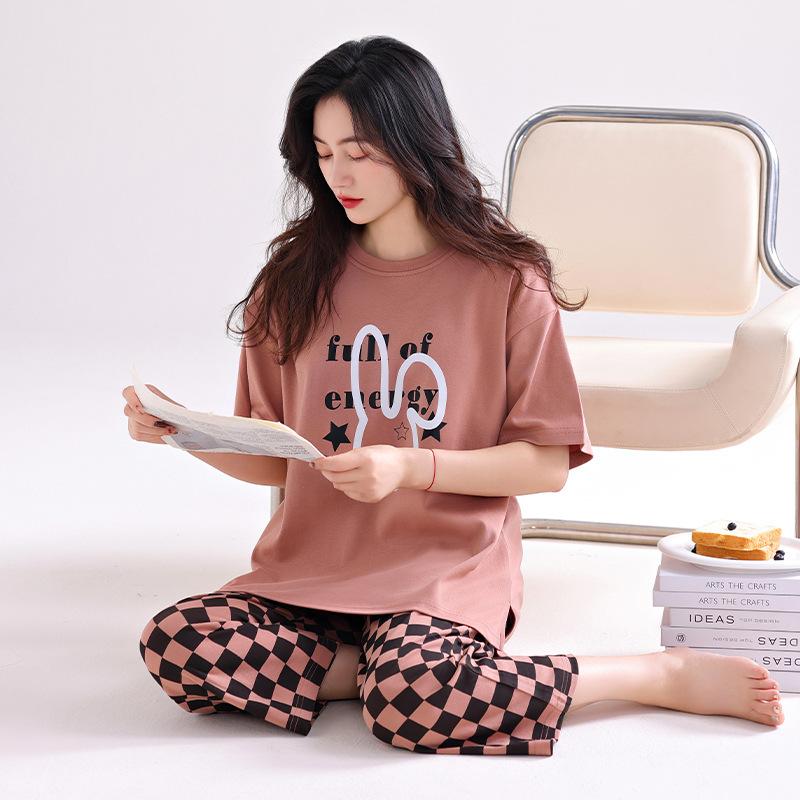 Pajamas women's summer pure cotton short-sleeved printed cropped pants thin cotton women's loungewear summer loose large size set