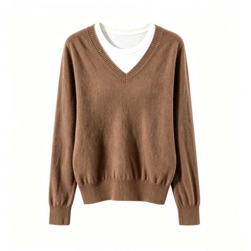 2026 Fall Womens Knit Sweater Casual V-Neck Fake Two-Piece Loose Drop Shoulder Long Sleeve