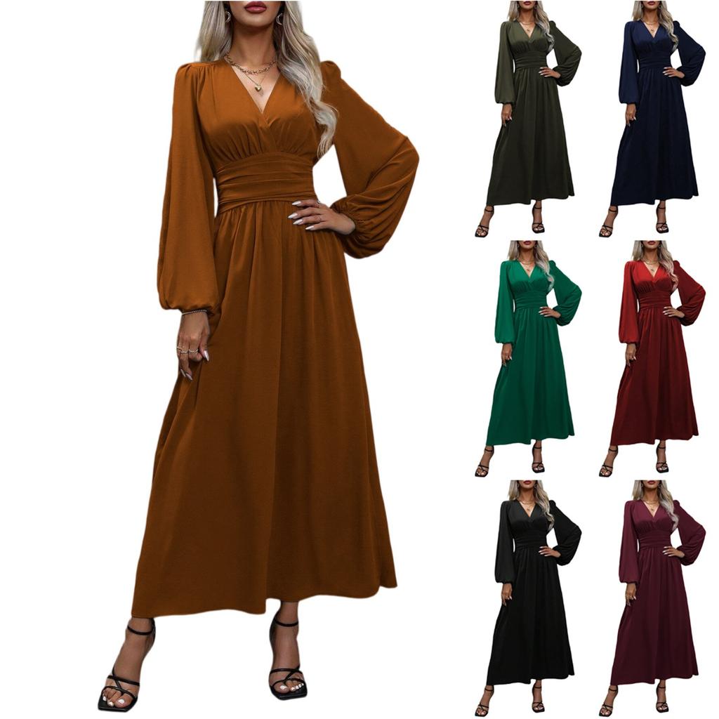 Women's Fashionable Color V-neck Long Sleeved Slit Dress