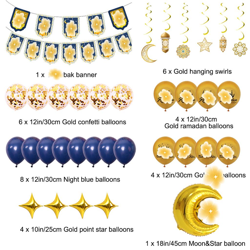 New Year Party Decoration Set, Blue, Gold, Moon, Stars, Balloon, Prayer