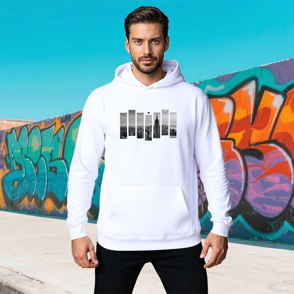 Mens Autumn and Winter Casual Fashion Loose Plus Size Paris City Print Fleece Warm Pullover Long Sleeved Hooded Sweatshirt Women