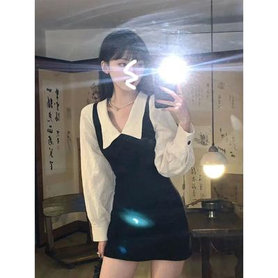 Long Sleeve Mini Dresses for Women Korean Fashion Style Cute Sexy Peter Pan Collar A-line Fake 2 Pcs Casual Vestidos Chic