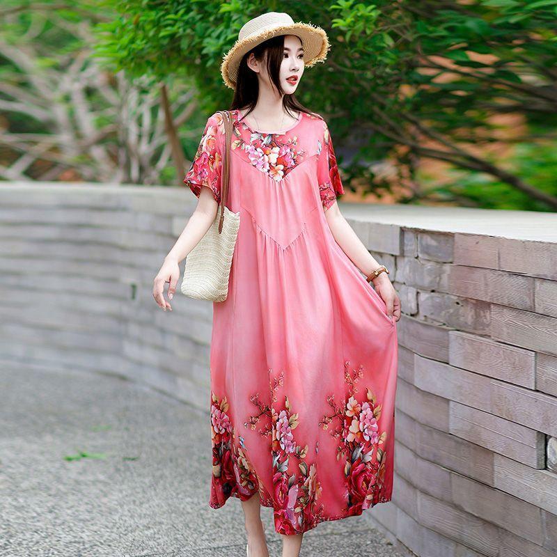 Summer Women's Plus Size Dress Loose Round Neck Floral Dress Soft Skin-friendly Breathable Long Dress