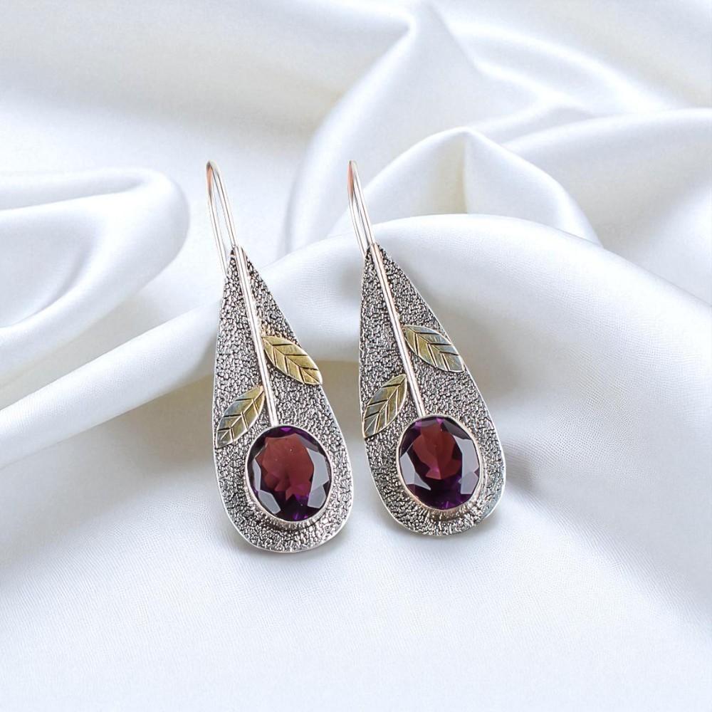 Naturalny Ametyst Kamień Szlachetny Srebro Próby 925 Biżuteria Ręcznie Robione Kolczyki 2.00" EE-72-7