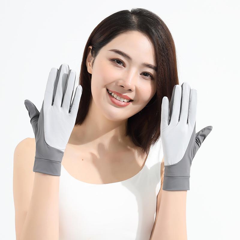 Summer Sun Protection Gloves for Women's UV Color Blocking Anti Slip Driving Ice Silk Outdoor Riding Sports Thin Gloves