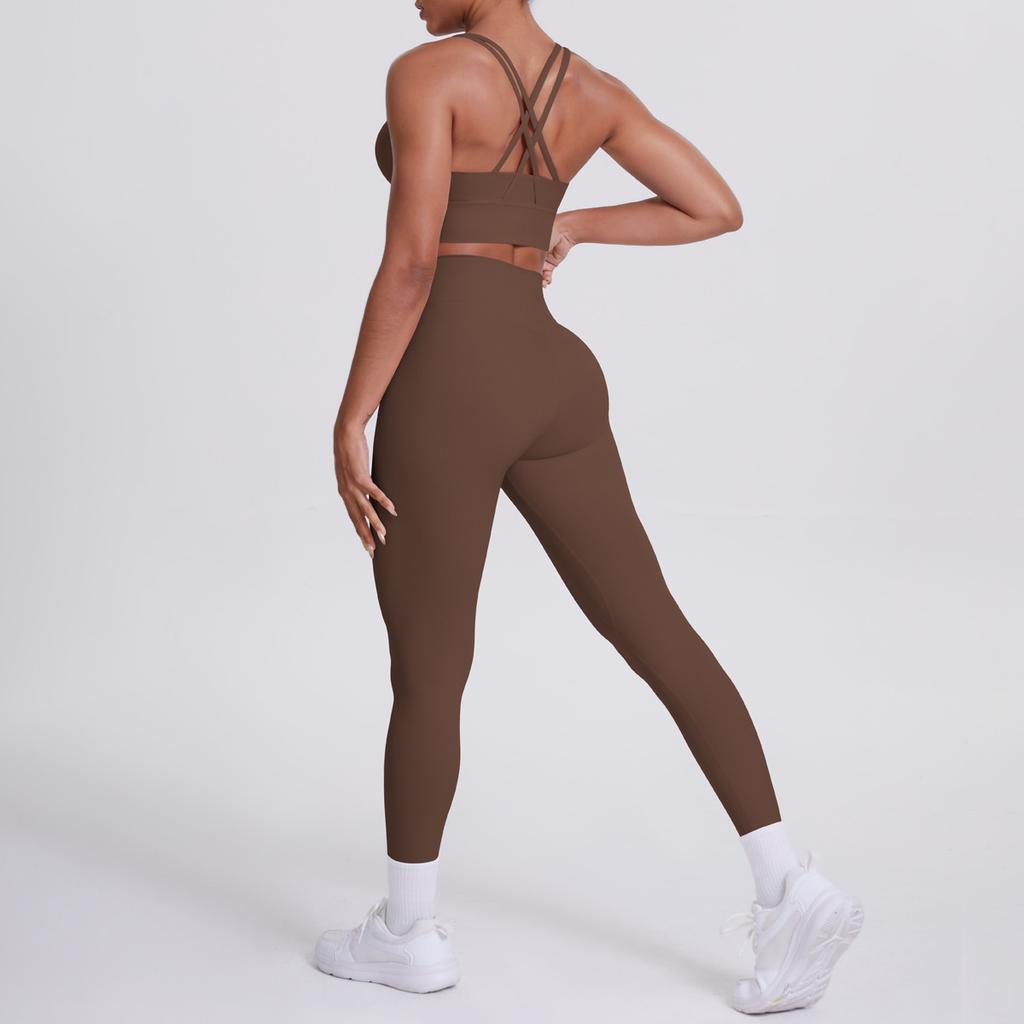 Nude Brushed Cross Back Bra, Casual Sports, Hip Lifting Pants, Fitness Yoga Suit, Two-piece Set