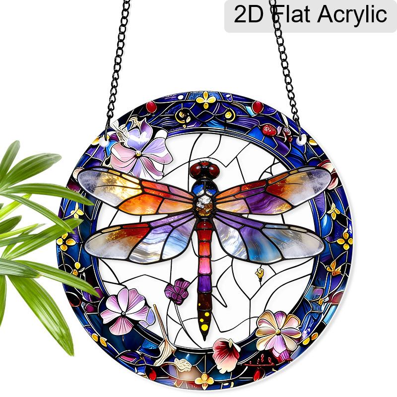 Acrylic Dragonfly & Flower Suncatcher Stained Glass Effect Window Hanging Ornament Insect Themed Gift for Home 20cm/7.87Inches
