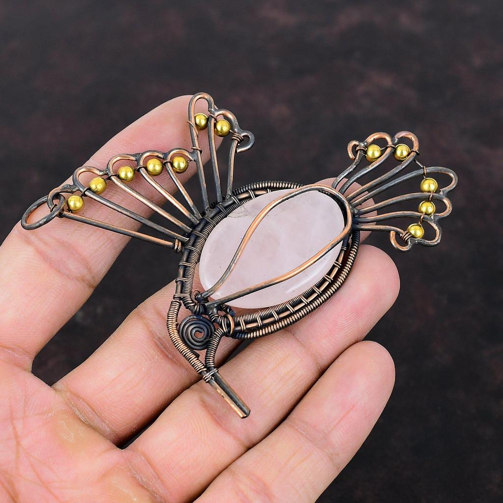Rose Quartz Pendant Copper Wire Wrapped Pendant Gemstone Bird Pendant Rose Quartz Jewelry Women Pendant Gift For Him Handmade Copper Jewelry