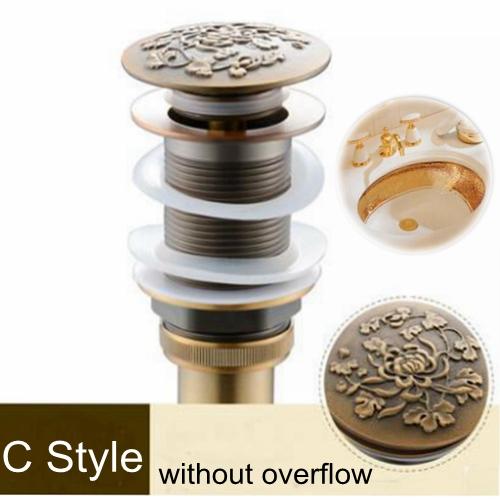 Bathroom Lavatory Basin Sink Pop Up Drain with Round Carved Cover  Brass with & Without Overflow Vanity Sink Waste Drainer