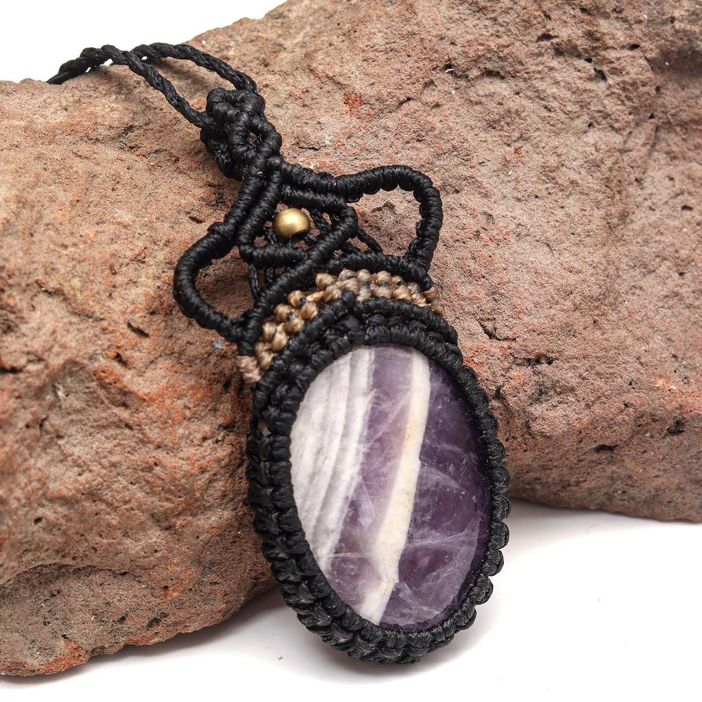 Necklace Amethyst Macrame Hemp Crystal Pendant Adjustable Natural Necklace