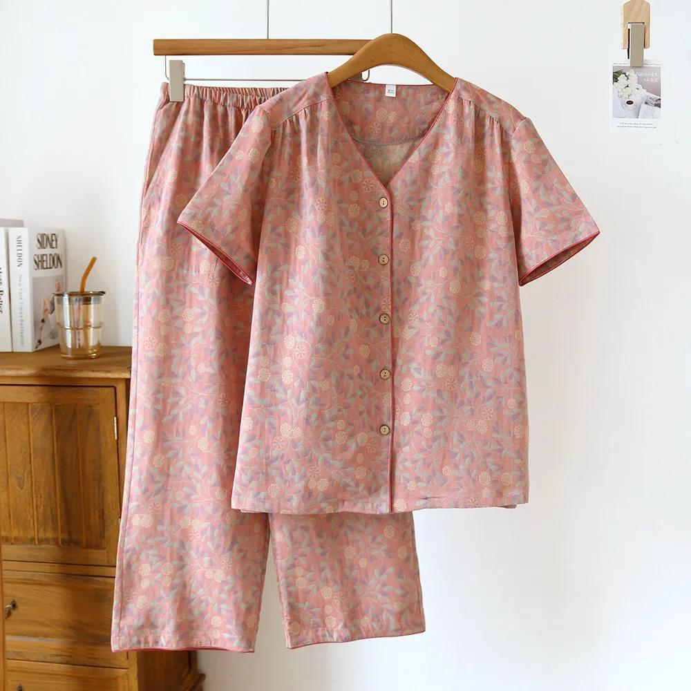 

Весна/лето Новый женский пижамный комплект 100% хлопок короткий рукав + капри комплект из двух предметов для большого цветка тонкий домашний декор M