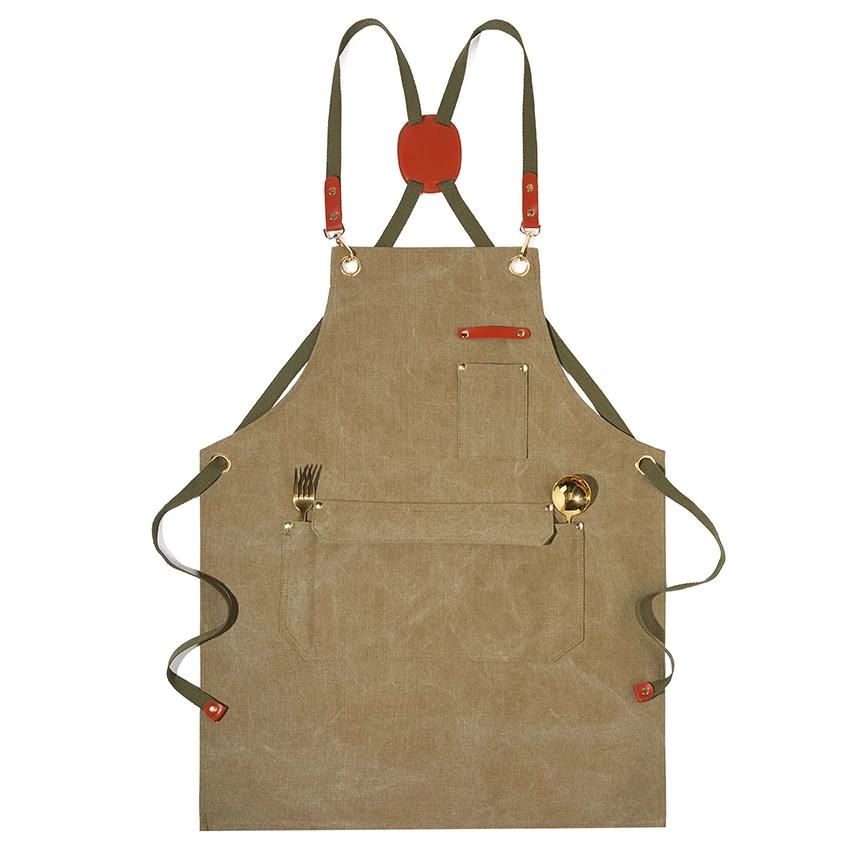 Kitchen Apron Heavy Duty Canvas Barber Work Aprons Unisex Cross Straps Adjustable Salon Hairdresser Bib PU Leather Apron for Men