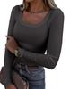 Women's U Neck Long Sleeve Tee Slim Fit Casual Ribbed Knit Solid Color Spring Basic Top