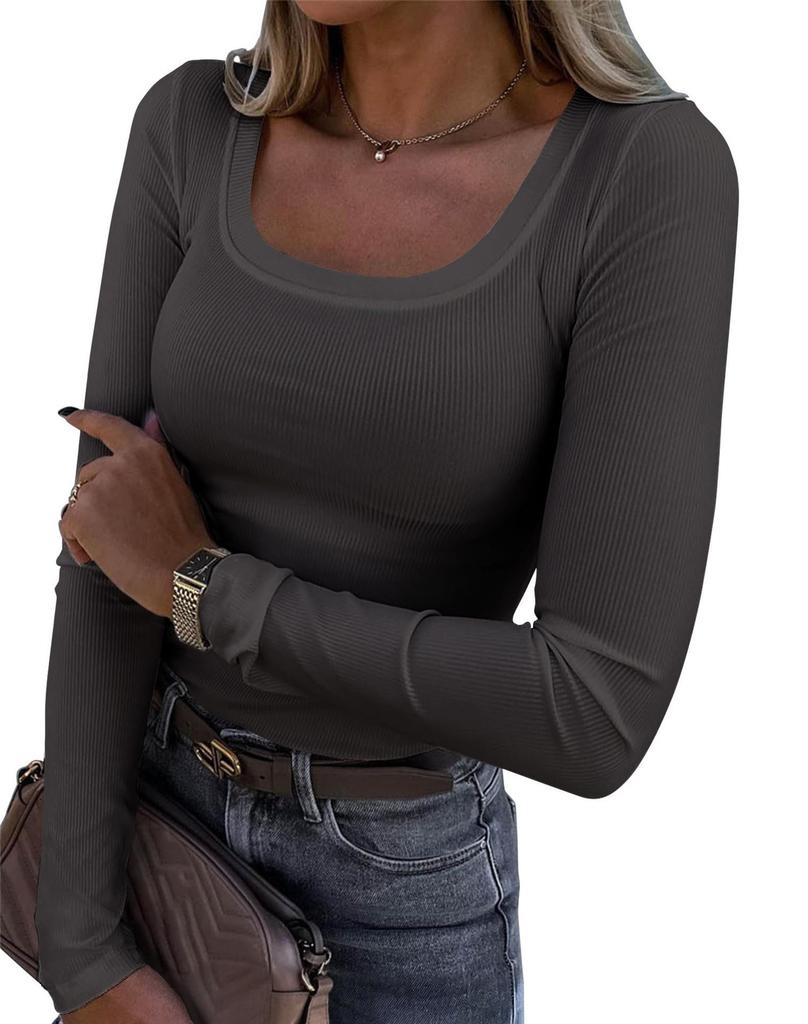 Women's U Neck Long Sleeve Tee Slim Fit Casual Ribbed Knit Solid Color Spring Basic Top