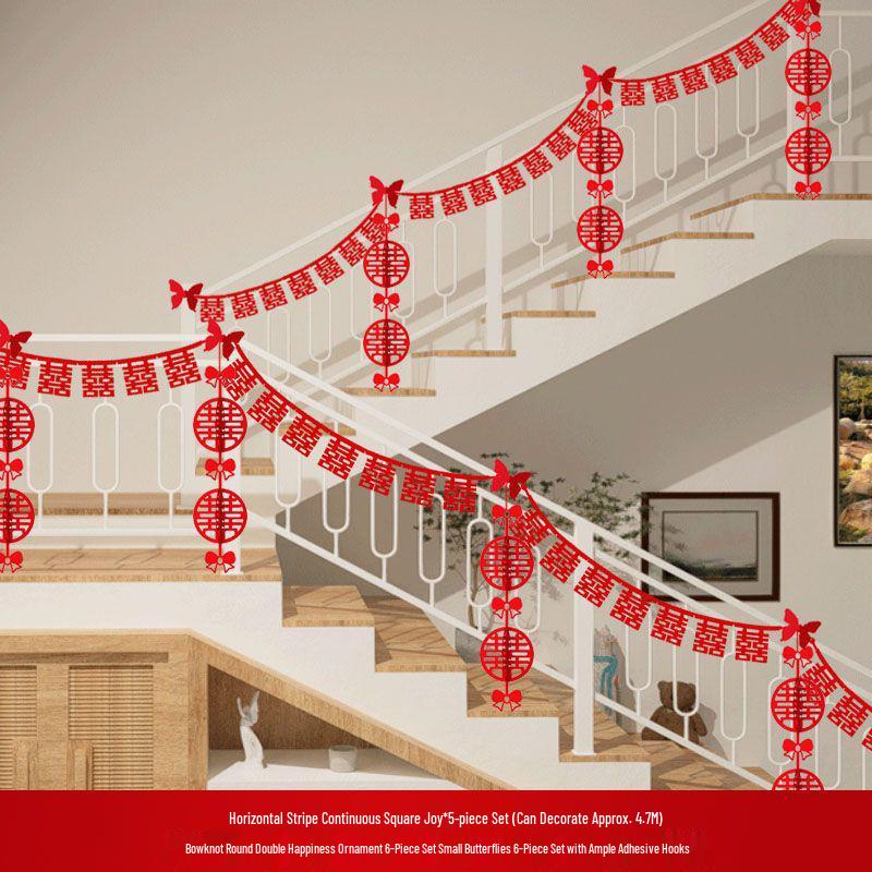 Double Happiness Stair Railing Decor: Wedding Floral Ornaments for Bride and Groom Sides