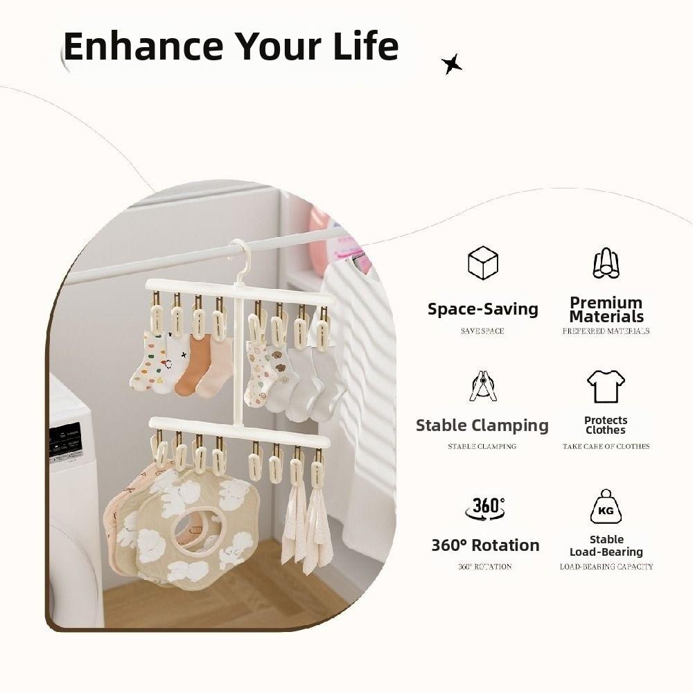 Portable Socks Drying Rack Detachable Windproof Rotatable Hook Hanger 16 Clips Space-saving Underwear Drying Clips Household