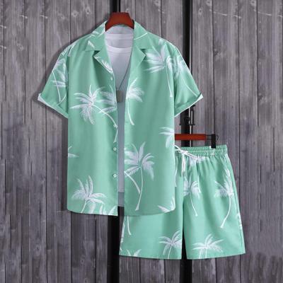 2Pcs/Set Men Summer Casual Outfit Lapel Short Sleeve Single Breasted Shirt Elastic Drawstring Waist Wide Leg Shorts Set Coconut Tree Print