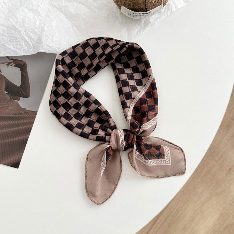Silk scarf neck cotton and linen small square scarf women's cashew fruit decorative scarf plaid silk scarf women's autumn hair accessories