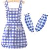 Blue Checkered Kitchen Apron With Attached Sleeve Covers Polyester Cotton Blend Stain Resistant Cooking Apron Workwear
