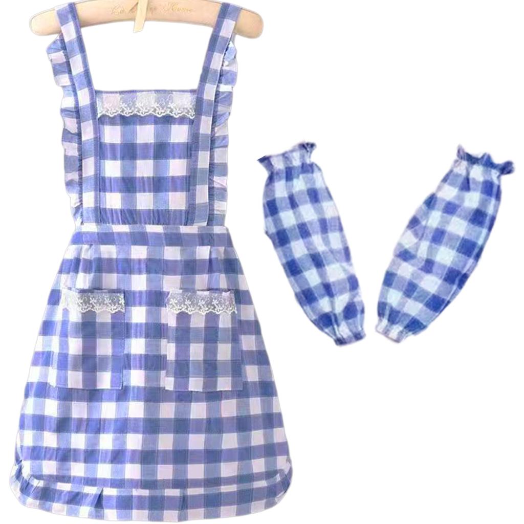 Blue Checkered Kitchen Apron With Attached Sleeve Covers Polyester Cotton Blend Stain Resistant Cooking Apron Workwear