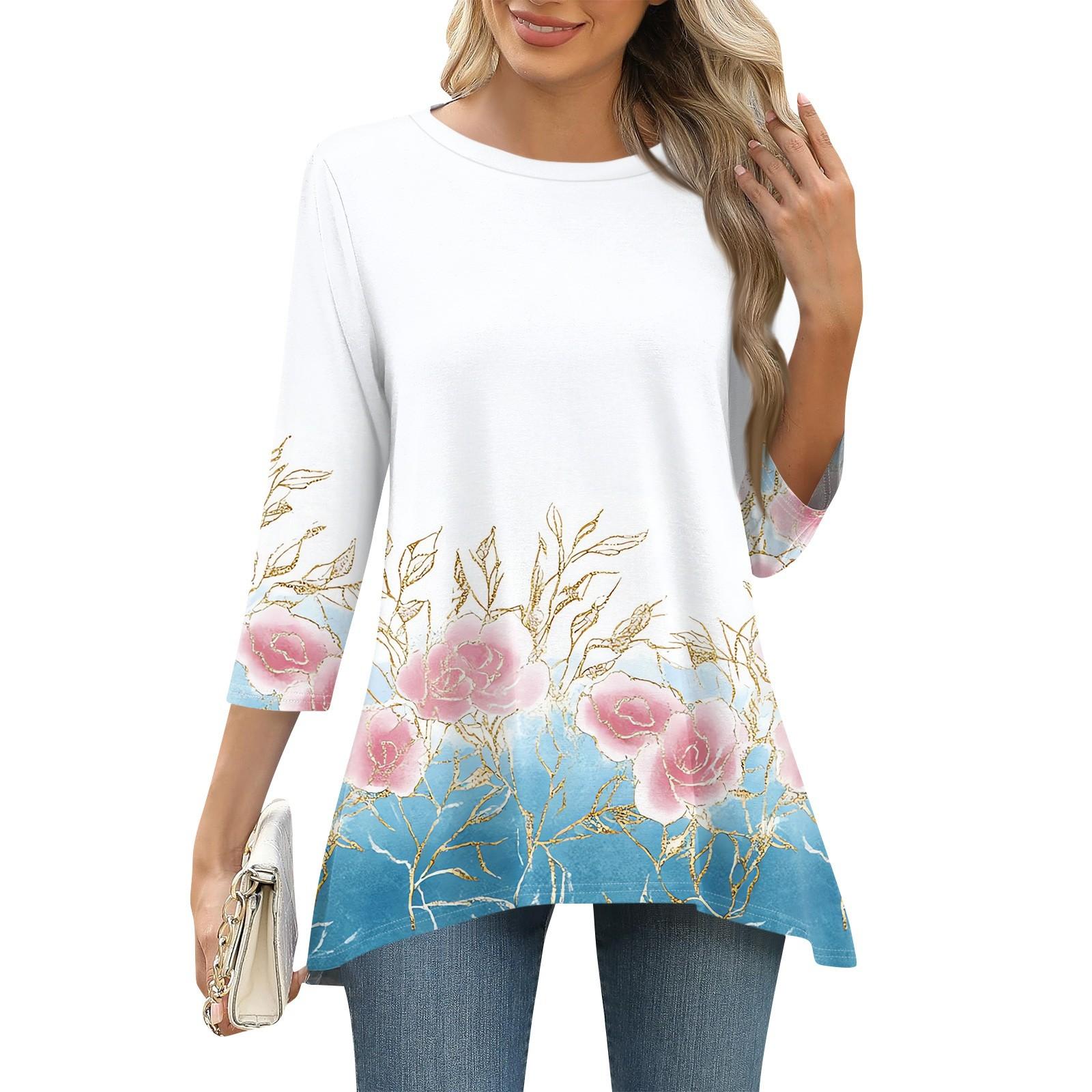 

3/4 рукав туника топы для женщин принтованный повседневный выходной свободный крой модная базовая футболка с круглым вырезом XL белый