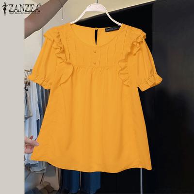 Womens Summer Round Neck Short Sleeve Striped Ruffle Blouse