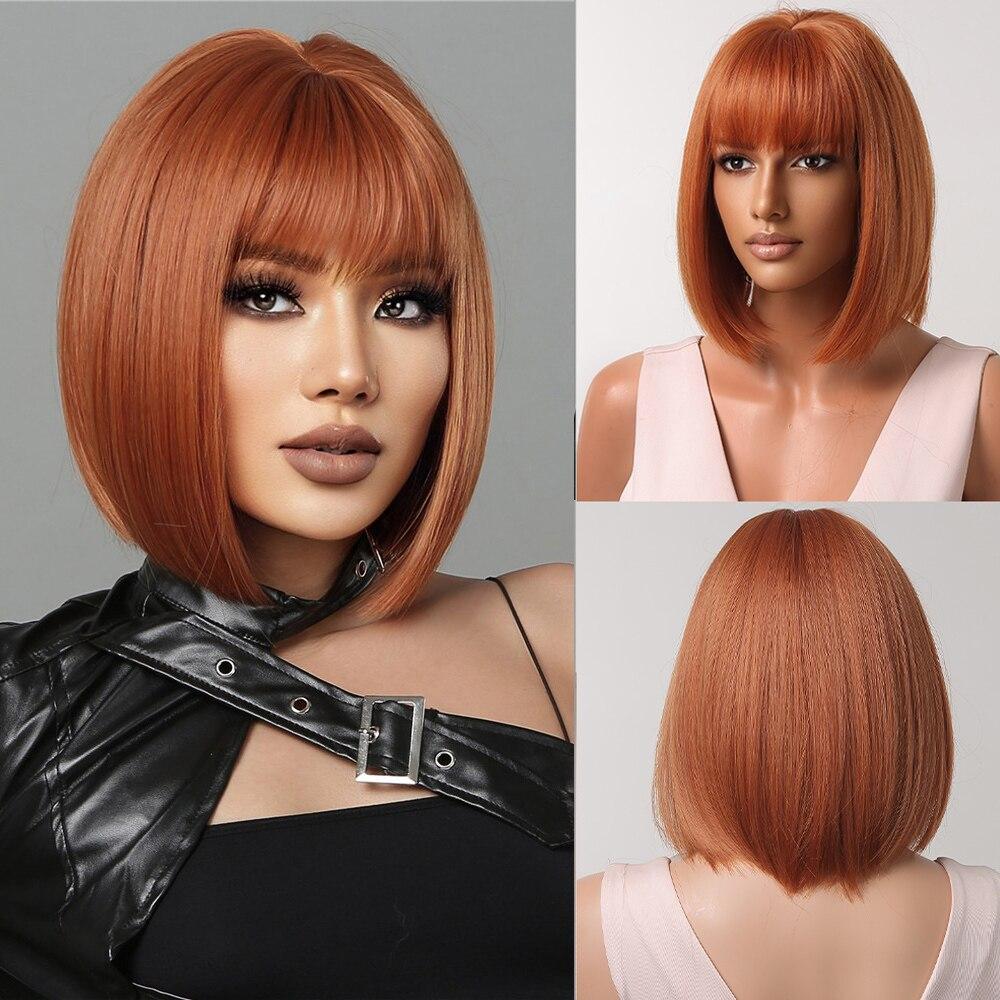 Orange Brown Medium Straight Bob Synthetic Wigs Short Hair with Bangs for Black Women Cosplay Lolita Layered Wig Heat Resistant