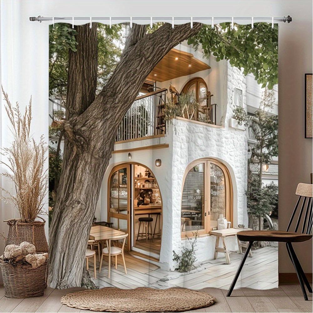 

Farmhouse Stone House Made Of Wood Shower Curtain Washable Dirt-Resistant Shower Head Waterproof Polyester Bath Curtain W60H190(CM)-1 Pcs