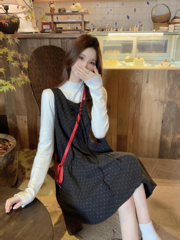 Herbst/Winter Koreanischer Stil Schlankmachendes Gepunktetes Woll-Westenkleid mit Schleife - Damen