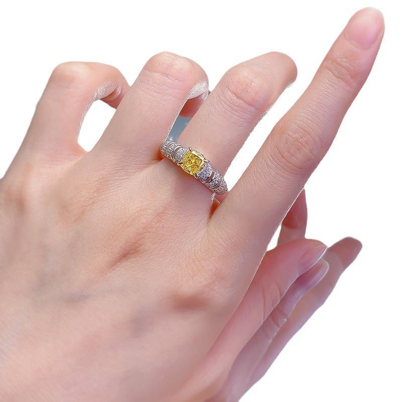 Hui Zhi Yi Women's European Style Yellow High Carbon Diamond Ring, S925 Inlaid, 6*6 Light Luxury Design.